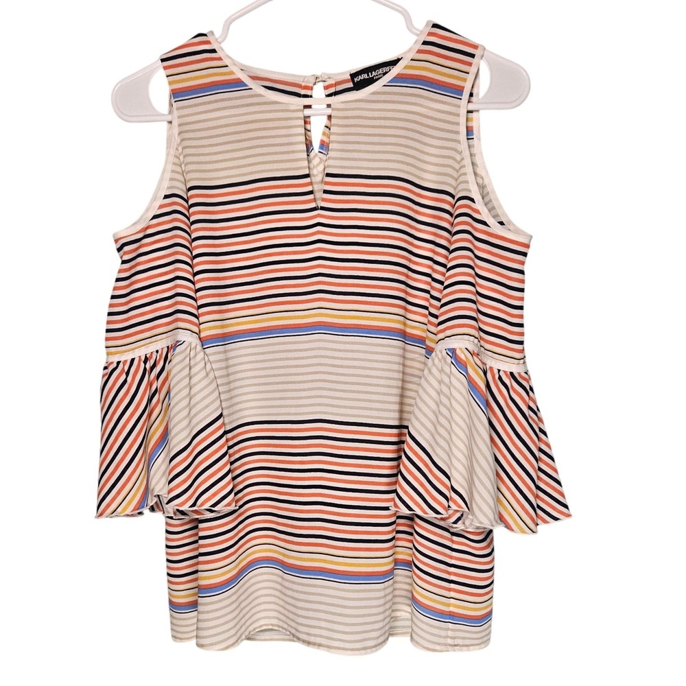 Karl Lagerfeld Paris Womens XS Cold Shoulder Ruffle Bell Sleeve Striped‎ Blouse
